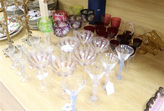 Six coloured hock glasses, six champagne glasses, five Venetian glasses and other various glasses